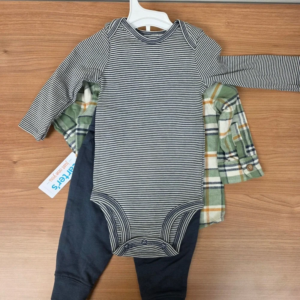 Carters Just One You Baby Boys 3pc Green Plaid Sherpa Collar Set 6m NEW